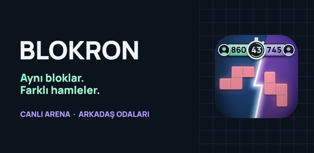 Blokron feature graphic, in Turkish: “Same blocks. Different moves.” Live Arena and friend rooms.